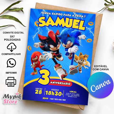 Convite Digital Sonic 3 - Editável com Canva 