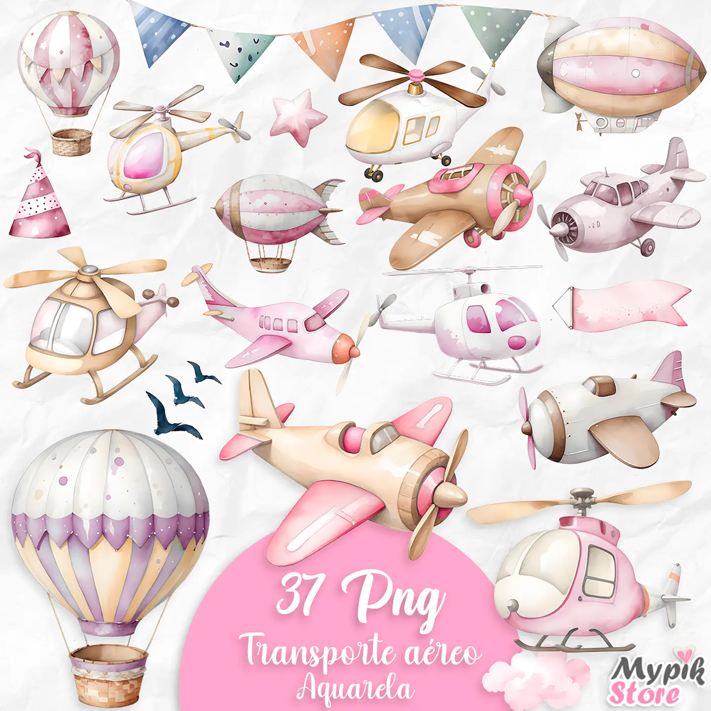 Kit Digital Aquarela Aviões Transporte Aéreo Rosa 1