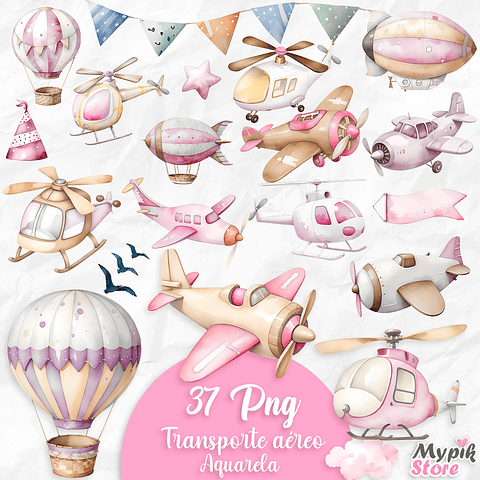 Kit Digital Aquarela Aviões Transporte Aéreo Rosa