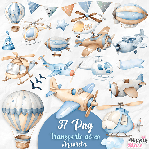 Kit Digital Aquarela Aviões Transporte Aéreo Azul