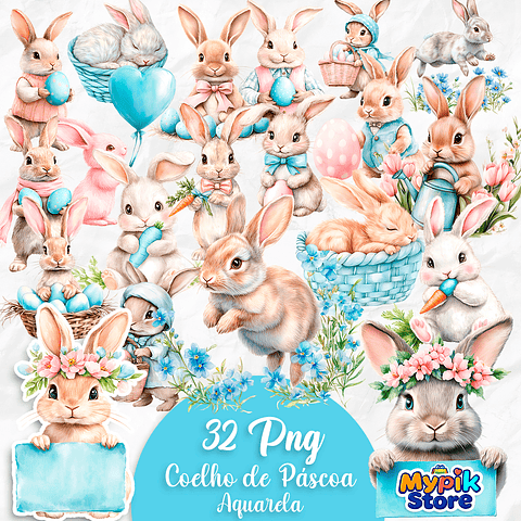 Kit Digital Coelho da Páscoa Fofo Aquarela 