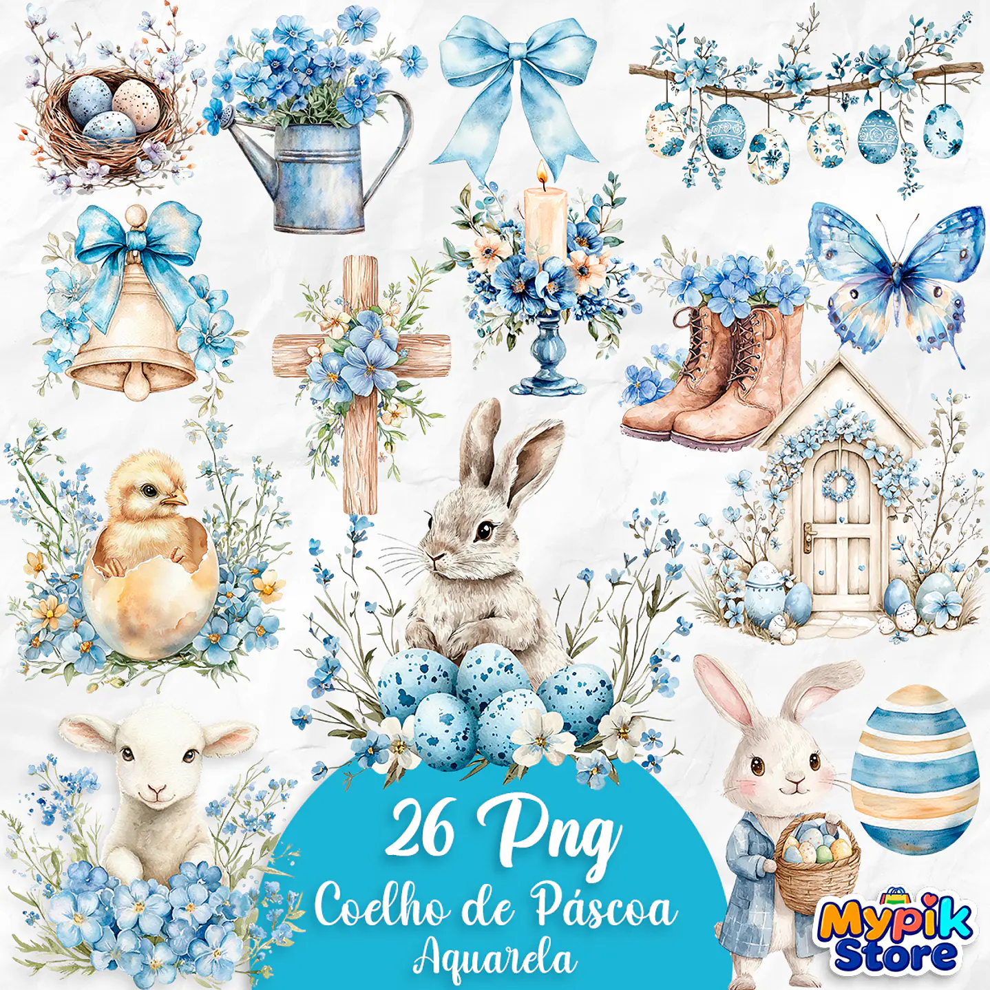 Kit Digital Coelho da Páscoa Fofo Aquarela Azul  1