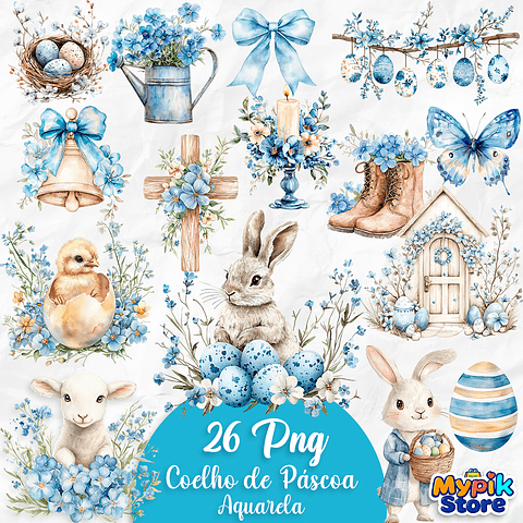 Kit Digital Coelho da Páscoa Fofo Aquarela Azul 