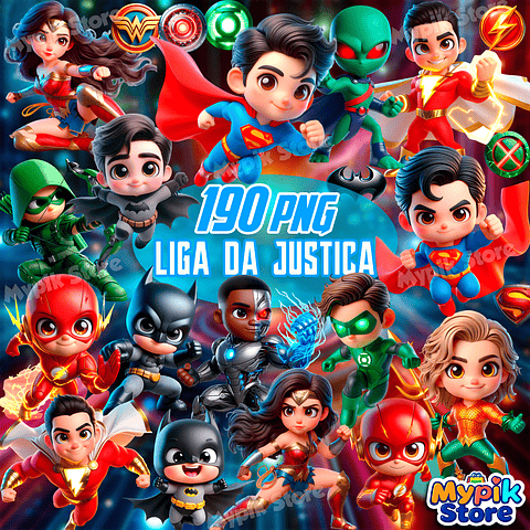 Kit Digital Liga da Justiça Cute PNG e Fundos 
