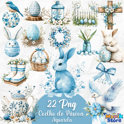 Kit Digital Páscoa Fofo Aquarela Azul  