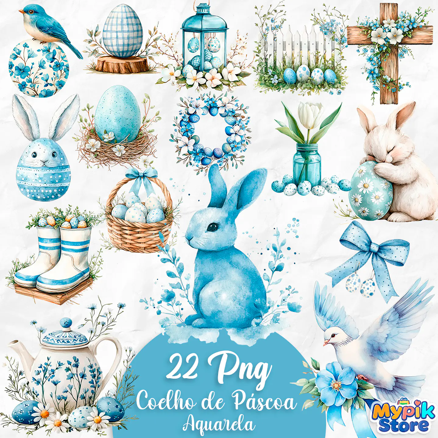 Kit Digital Páscoa Fofo Aquarela Azul   2