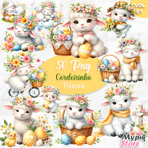 Kit Digital Cordeirinho Páscoa Aquarela Png