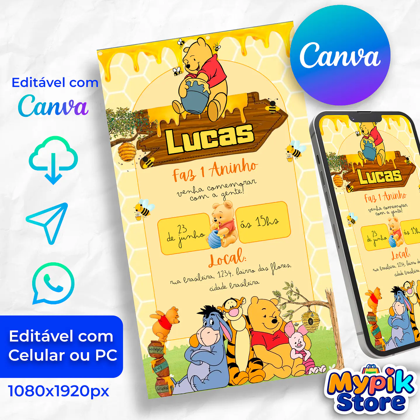 Convite Digital Ursinho Phooh - Editável com Canva 1