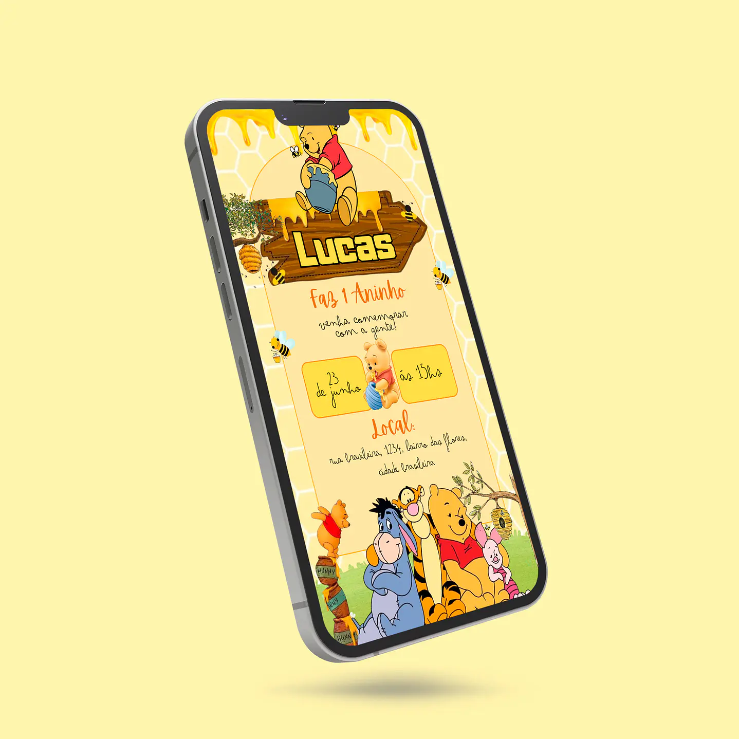 Convite Digital Ursinho Phooh - Editável com Canva 2