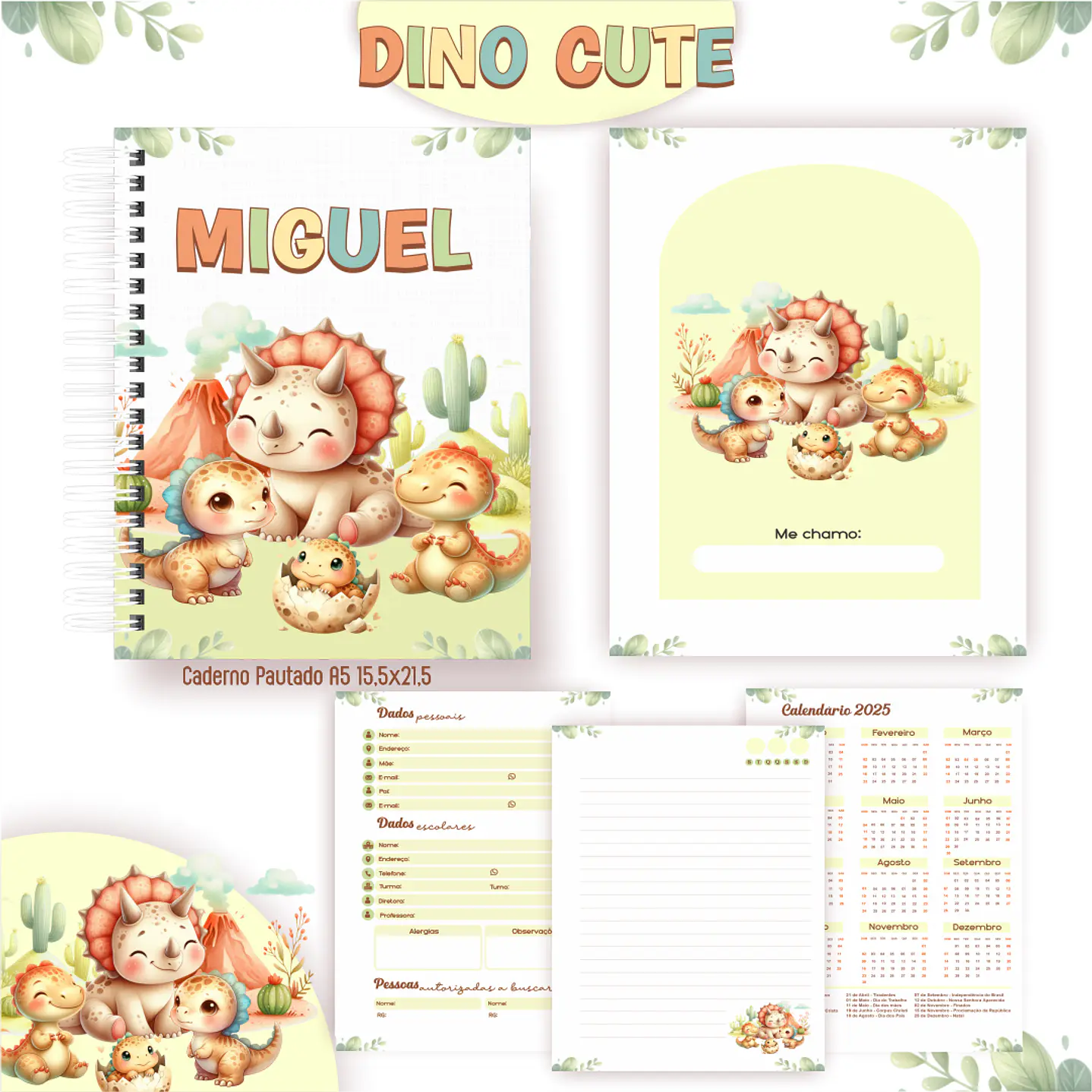 Kit Digital Encadernação Dino Cute - Volta às Aulas  3