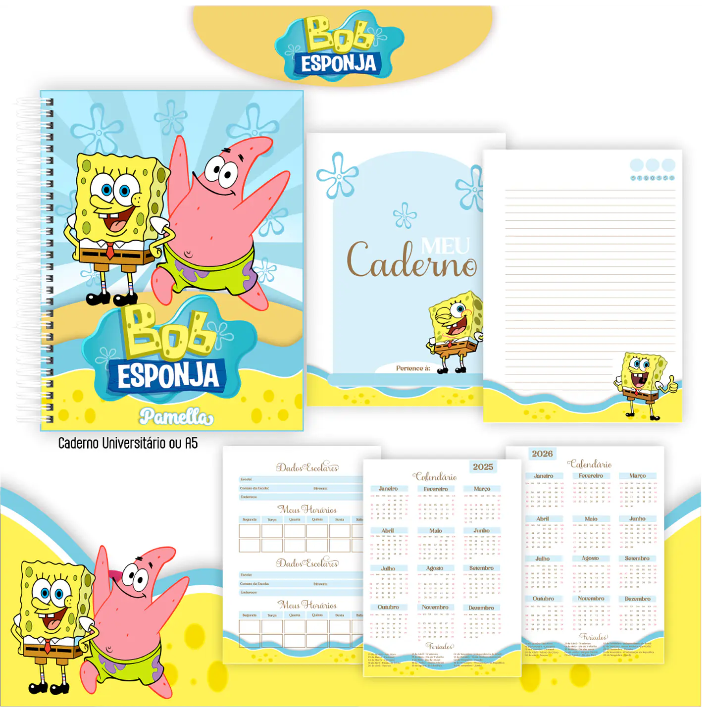 Kit Digital Encadernação Bob Esponja - Volta às Aulas 6