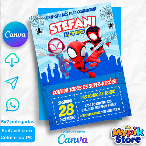 Convite Digital Spidey Editável com Canva 