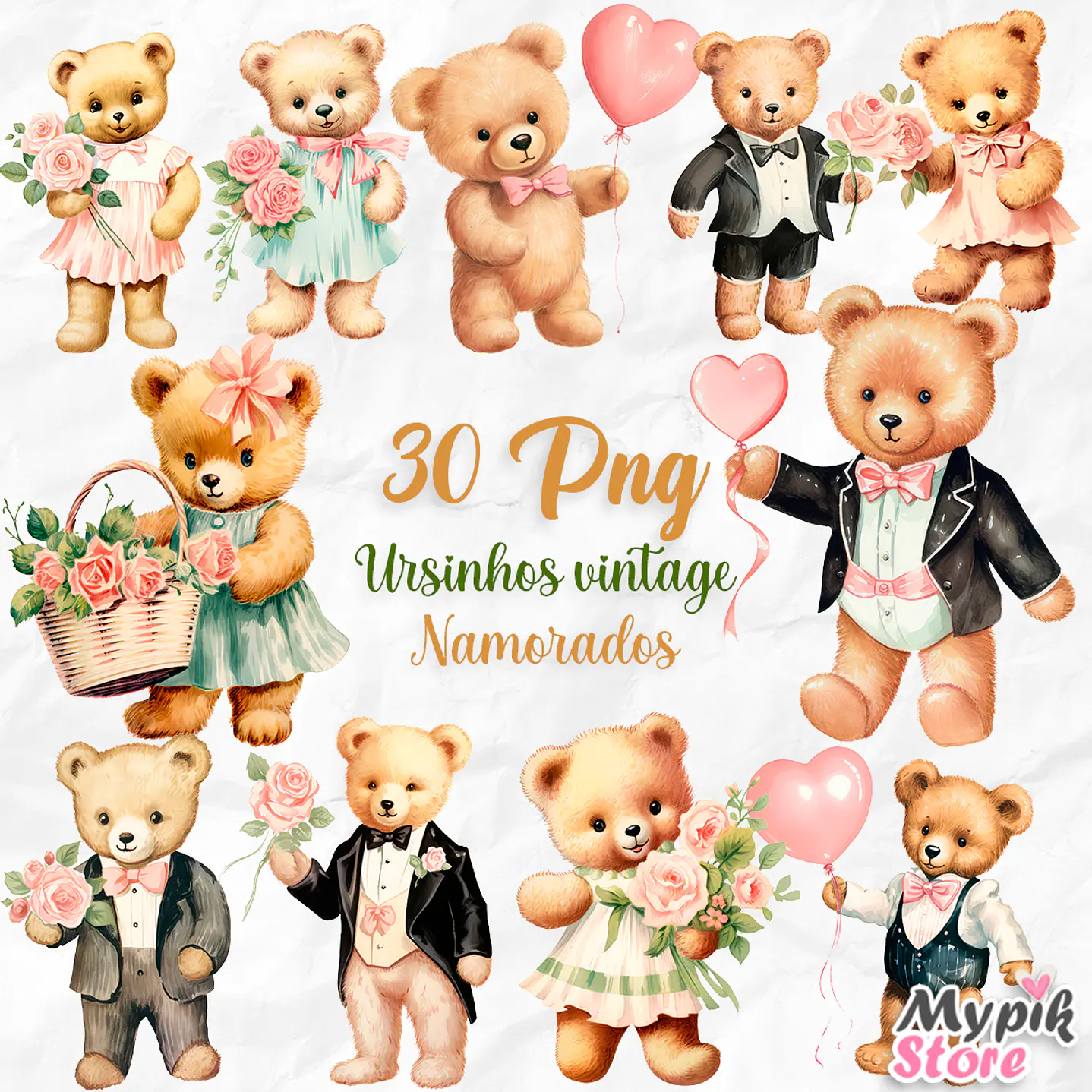 Kit Digital Ursinhos Vintage Dia dos Namorados Aquarela 1