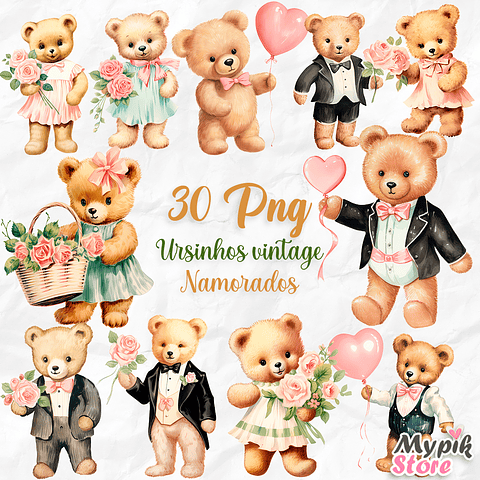 Kit Digital Ursinhos Vintage Dia dos Namorados Aquarela