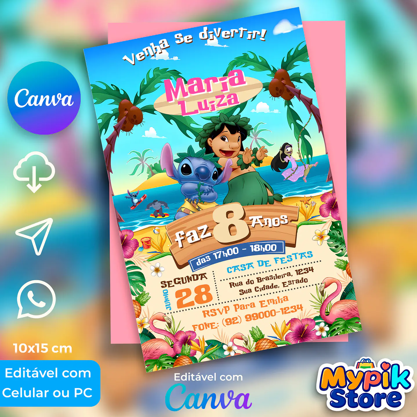 Convite Digital Lilo e Stitch - Editável com Canva 1