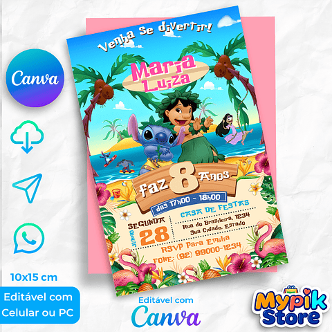 Convite Digital Lilo e Stitch - Editável com Canva