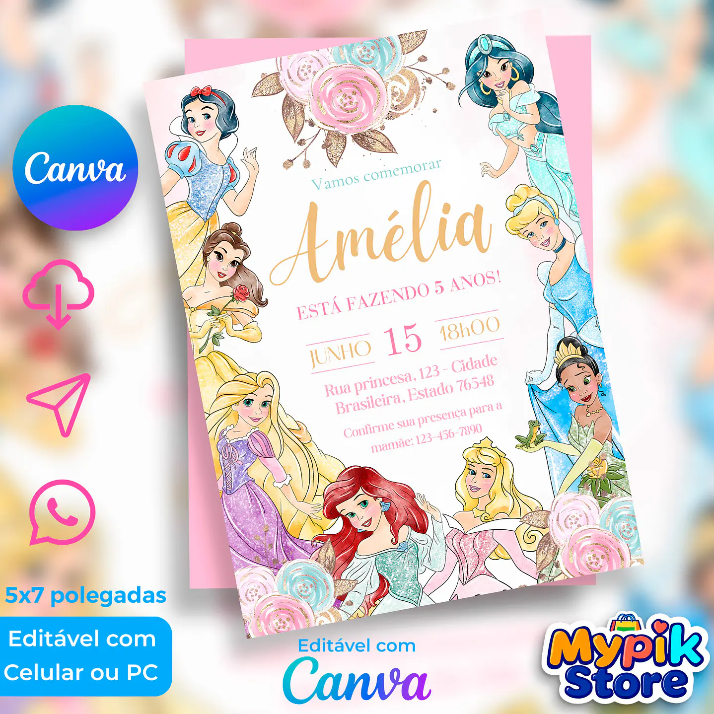 Convite Digital Princesas Disney Editável no Canva 1