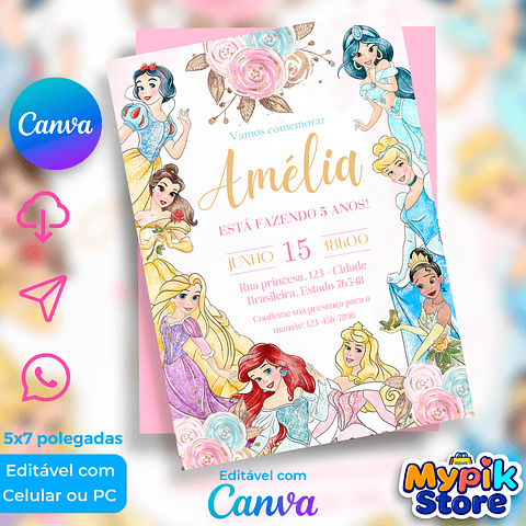 Convite Digital Princesas Disney Editável no Canva