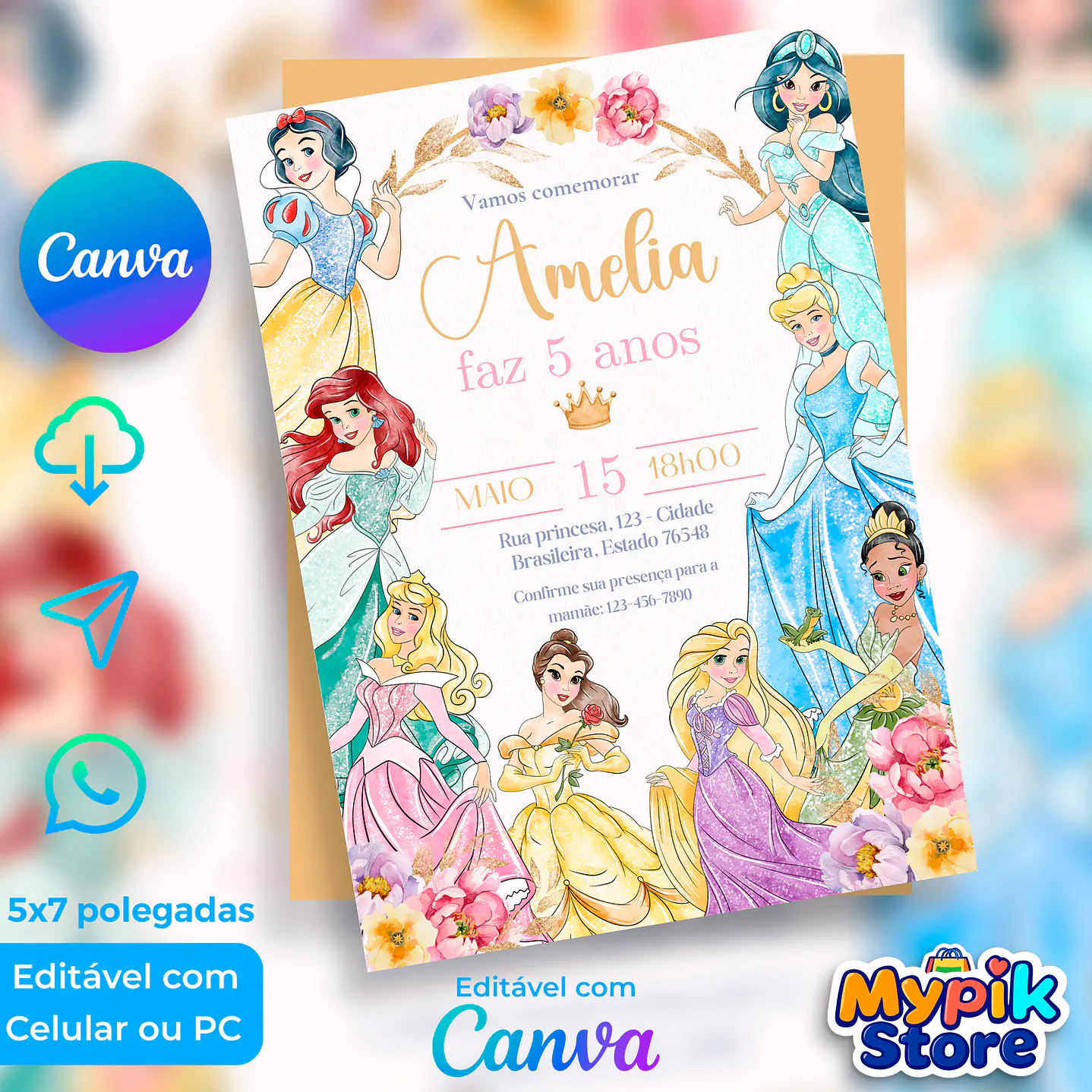 Convite Digital Princesas Disney Editável no Canva 1