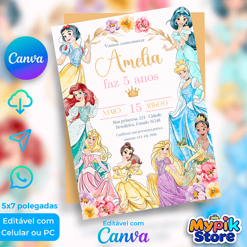 Convite Digital Princesas Disney Editável no Canva
