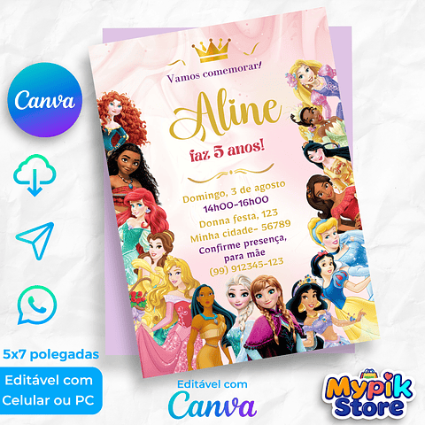 Convite Digital Princesas Disney Editável no Canva 