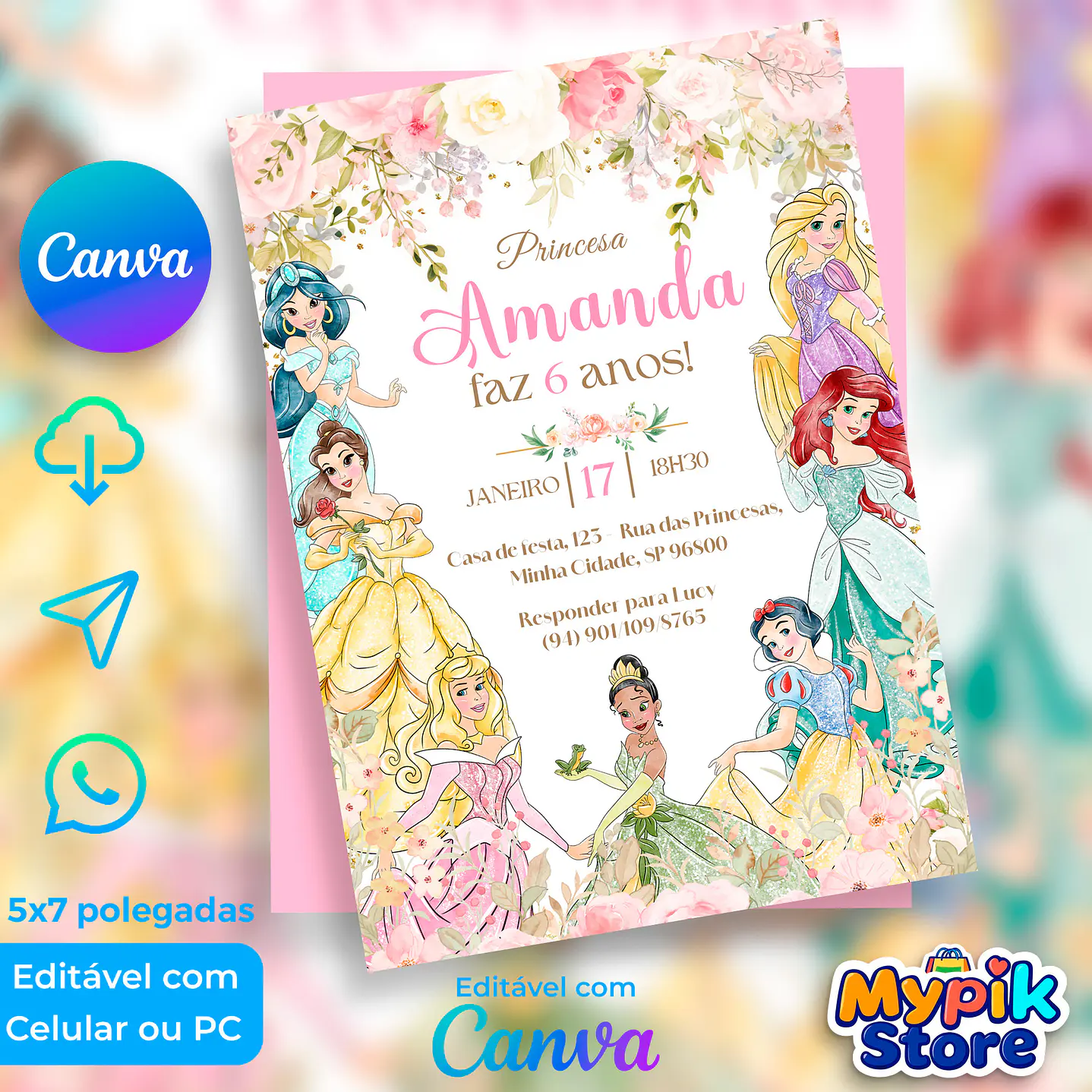Convite Digital Princesas Disney Editável no Canva   3