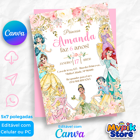Convite Digital Princesas Disney Editável no Canva  