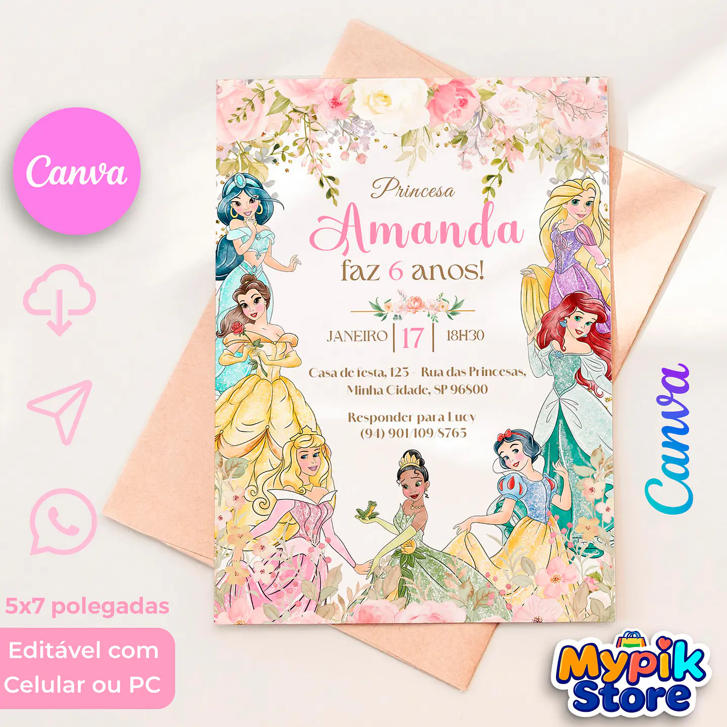 Convite Digital Princesas Disney Editável no Canva   1
