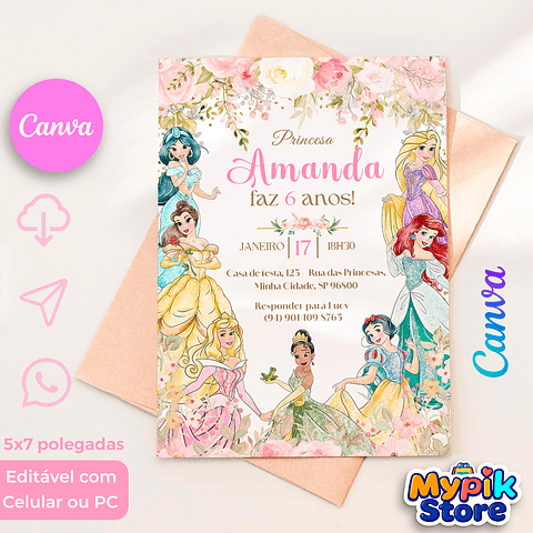 Convite Digital Princesas Disney Editável no Canva  