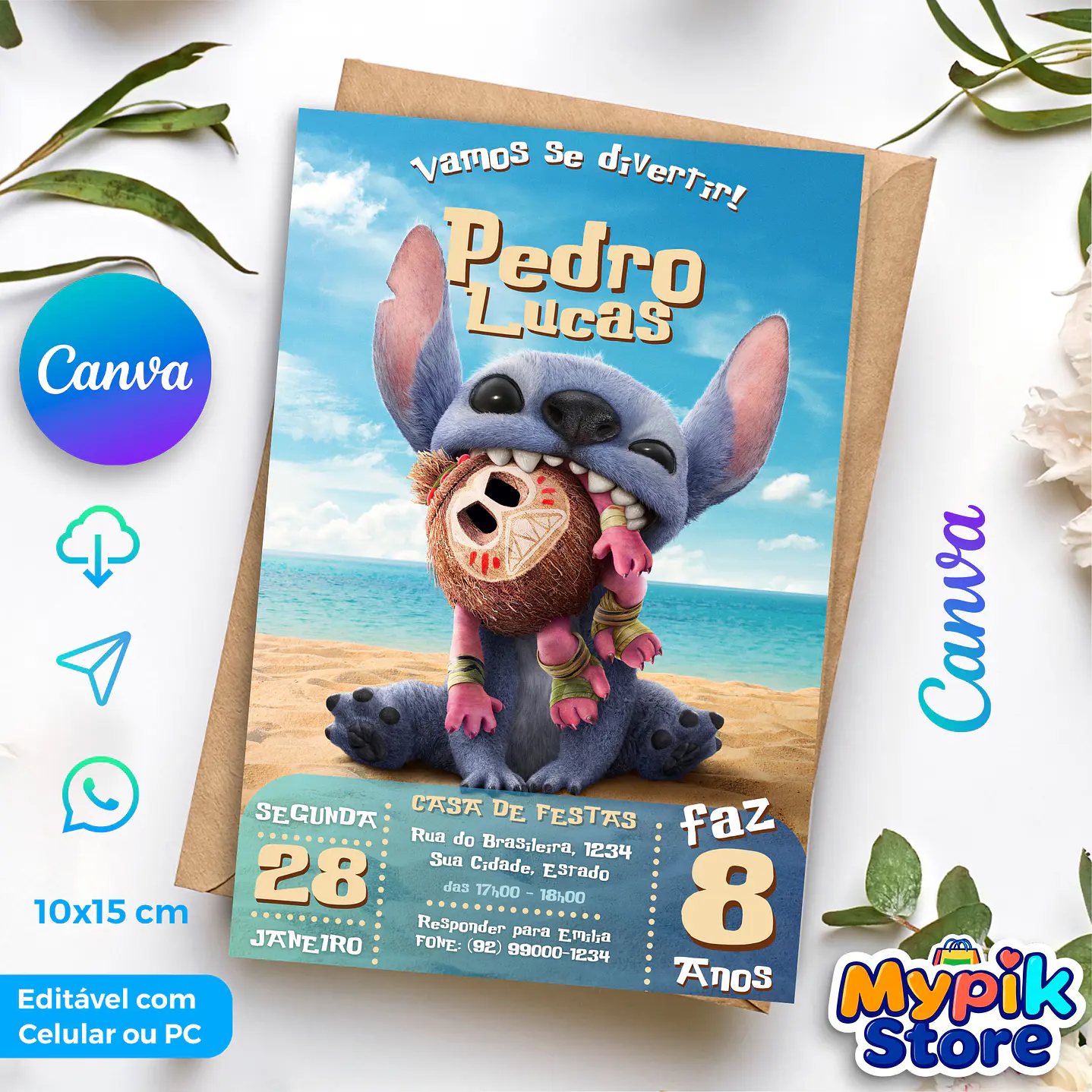Convite Digital Stitch - Editável no Canva 1