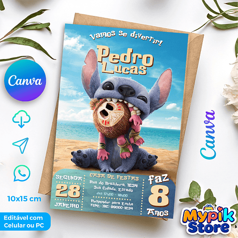 Convite Digital Stitch - Editável no Canva
