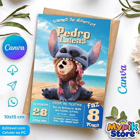 Convite Digital Stitch - Editável no Canva 