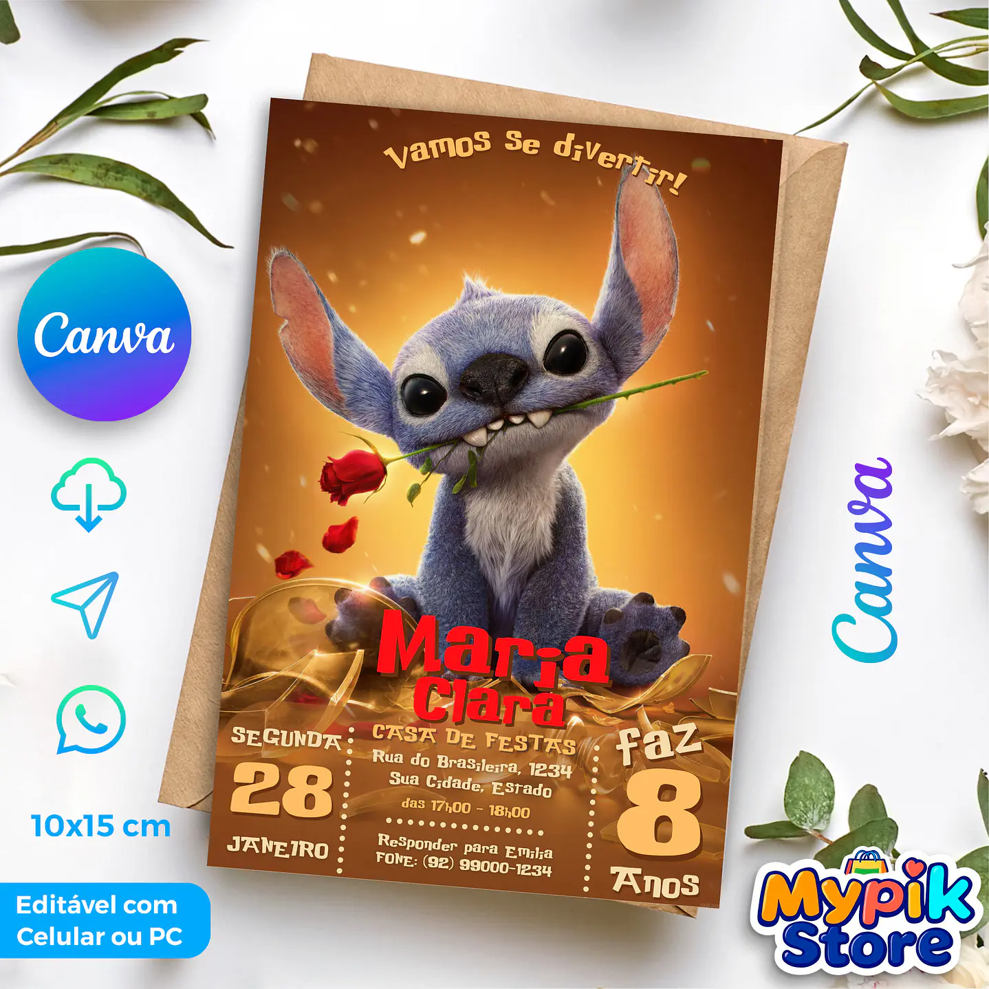 Convite Digital Stitch - Editável no Canva  1