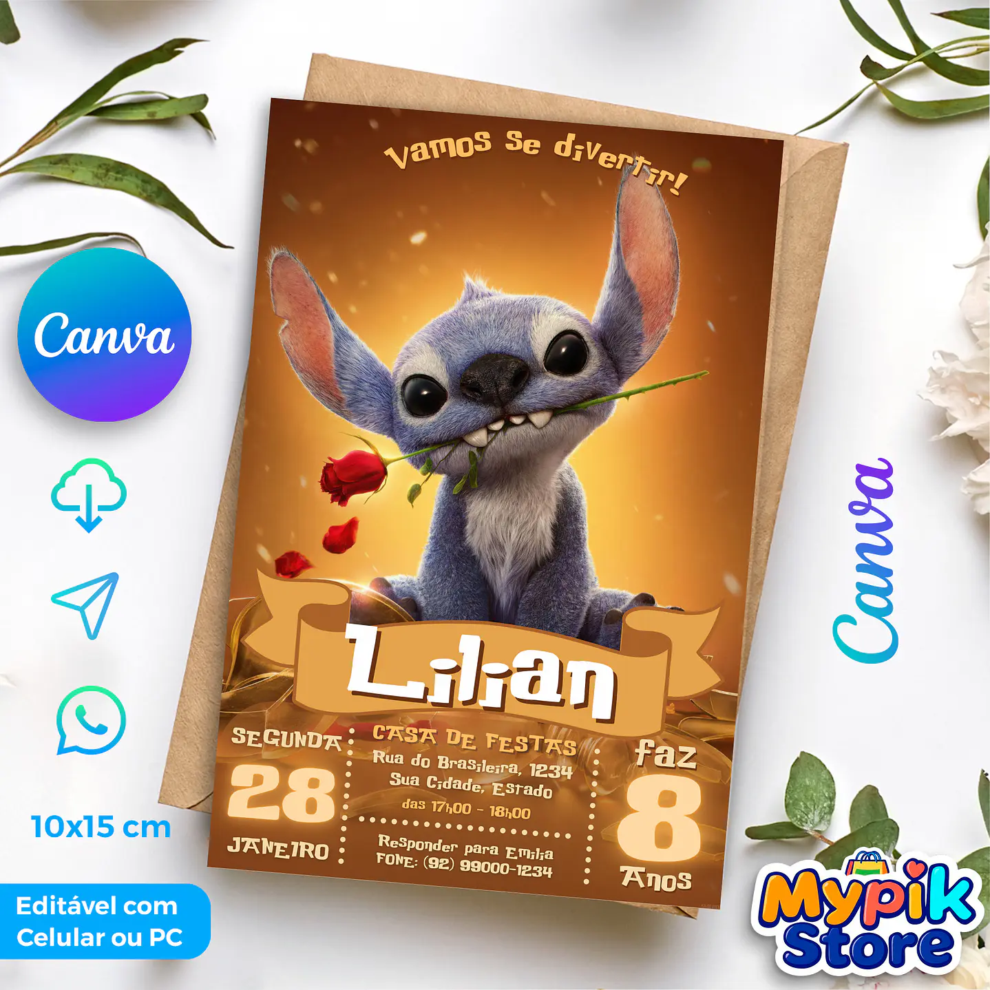 Convite Digital Stitch - Editável no Canva  1