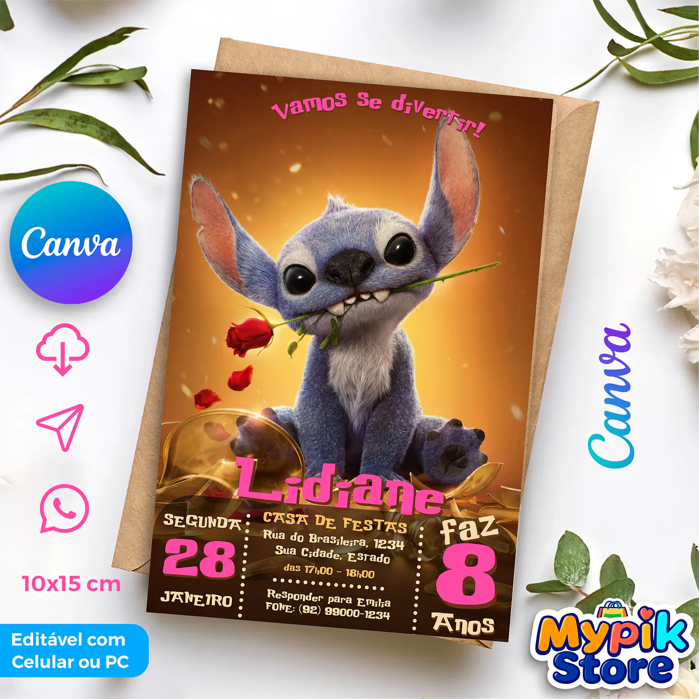 Convite Digital Stitch - Editável no Canva  1