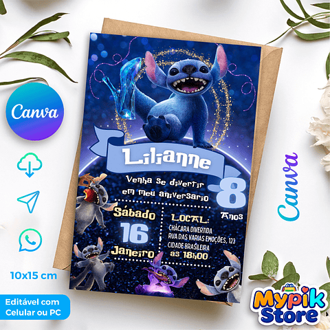Convite Digital Stitch - Editável no Canva  