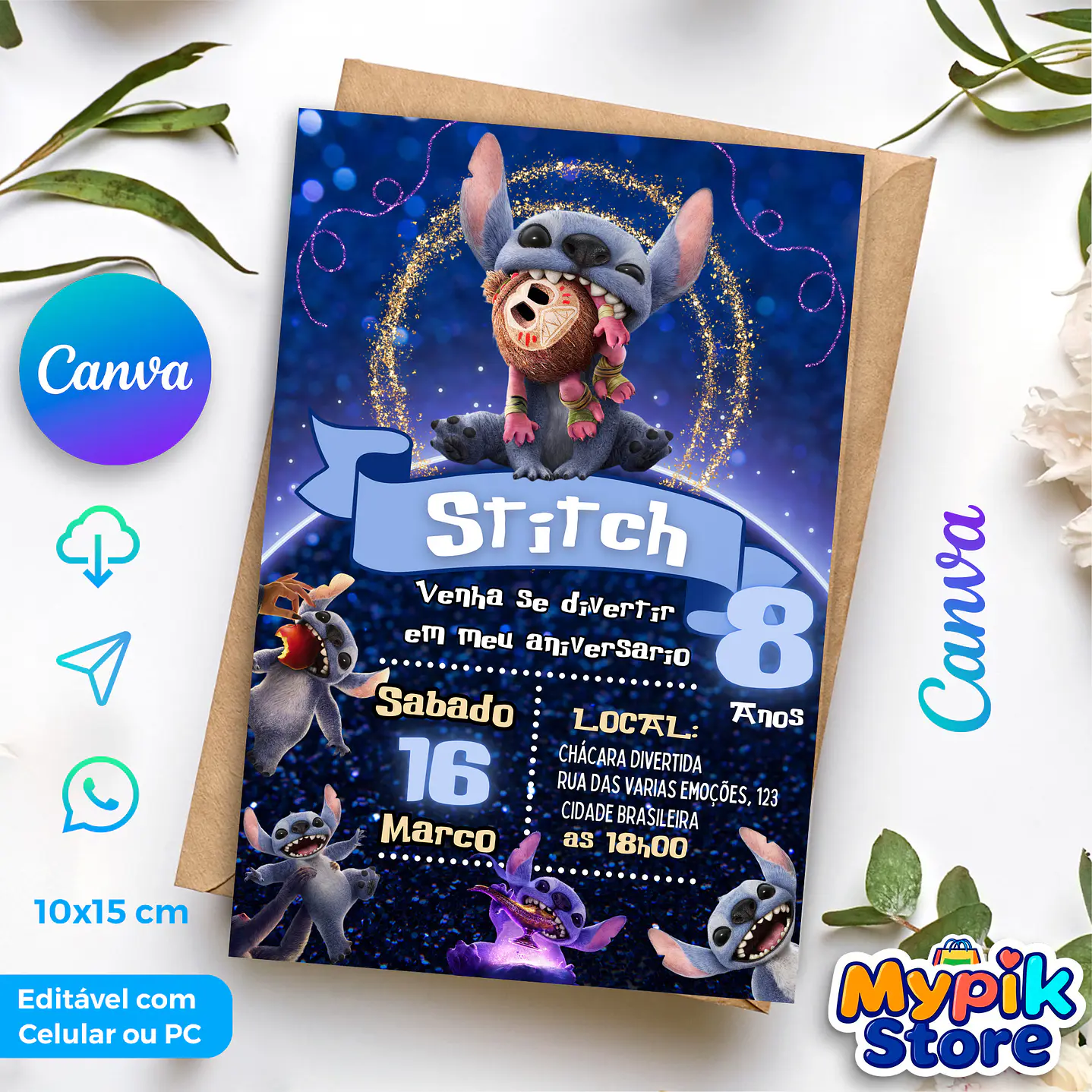 Convite Digital Stitch - Editável no Canva  1