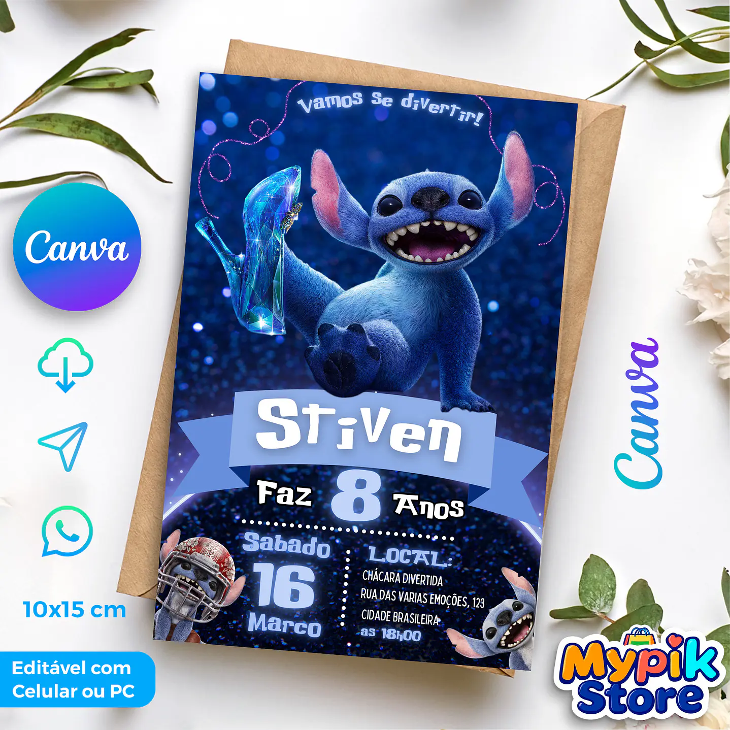 Convite Digital Stitch - Editável no Canva 1