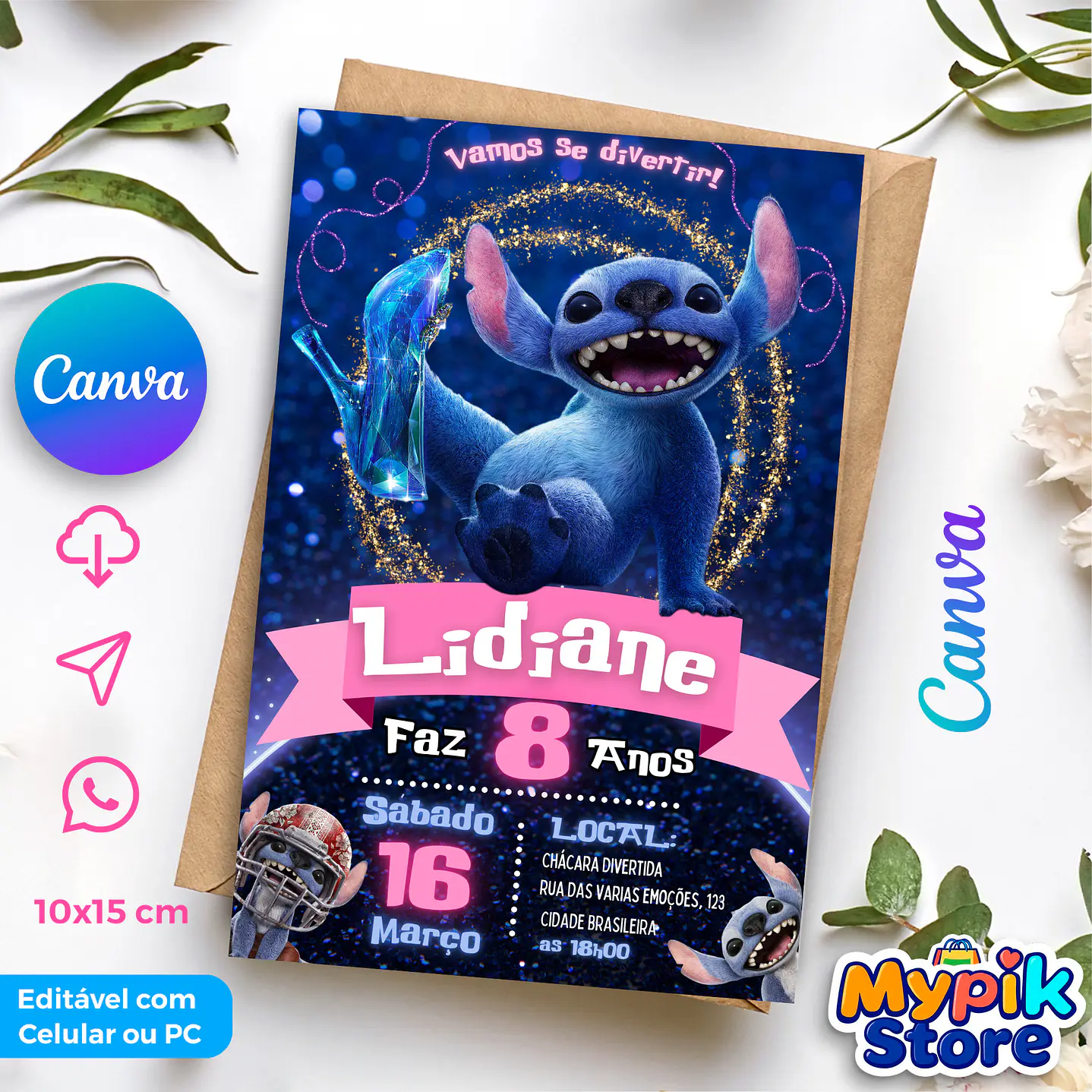 Convite Digital Stitch - Editável no Canva  1