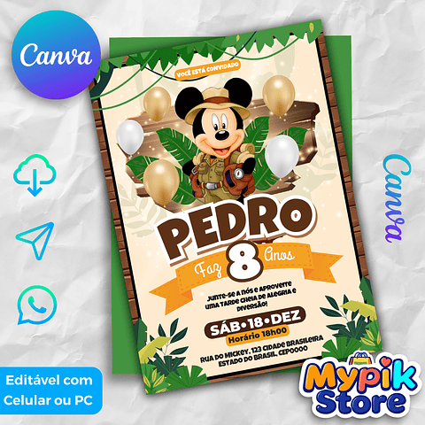 Convite Digital Mickey Safári Editável no Canva