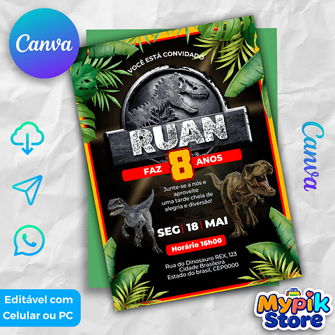 Convite Digital Jurassic Park Editável no Canva