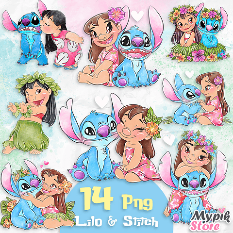 Kit Digital Lilo e Stitch Aquarela Imagens PNG 