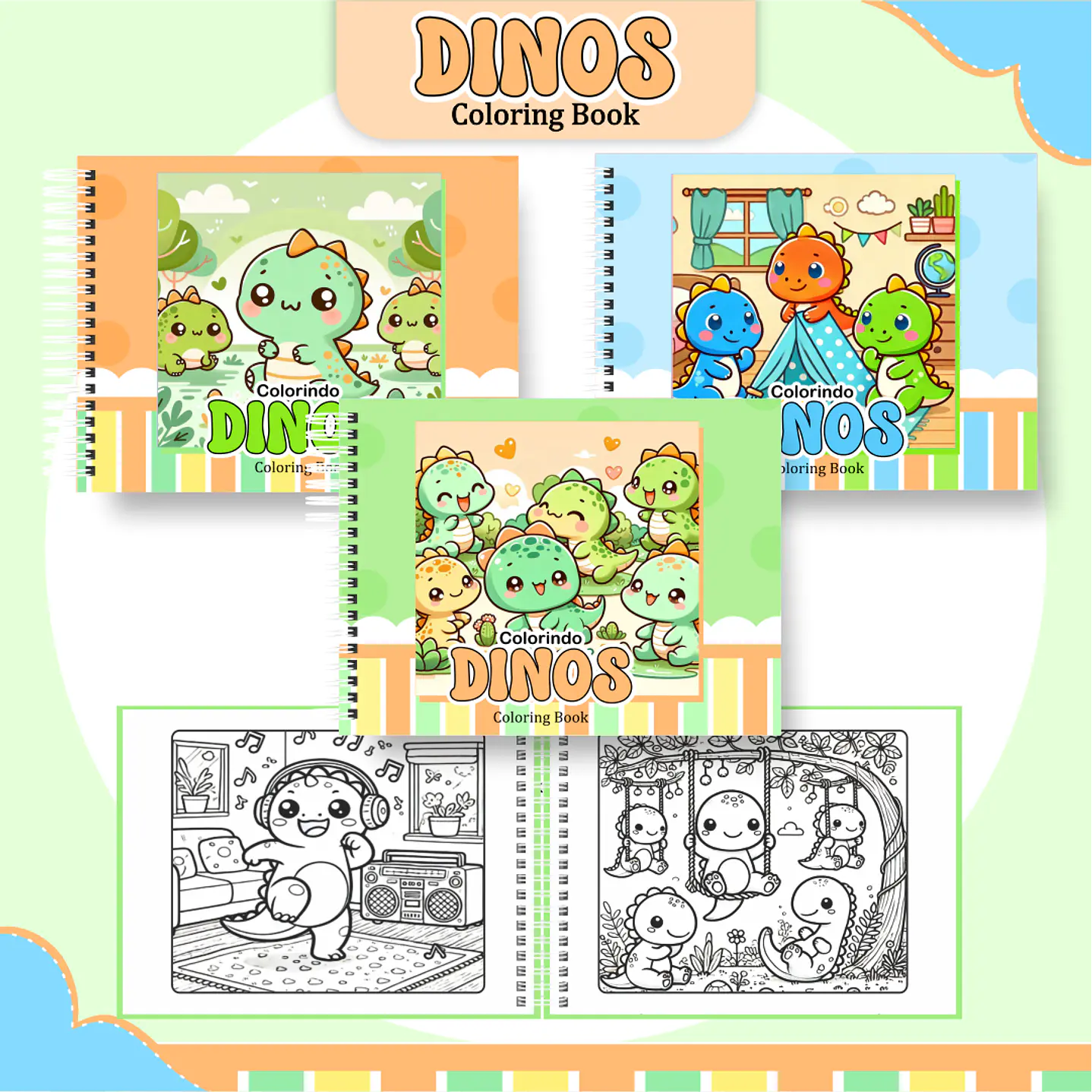Livro de Colorir Dino Cute em PDF Digital para Imprimir 1