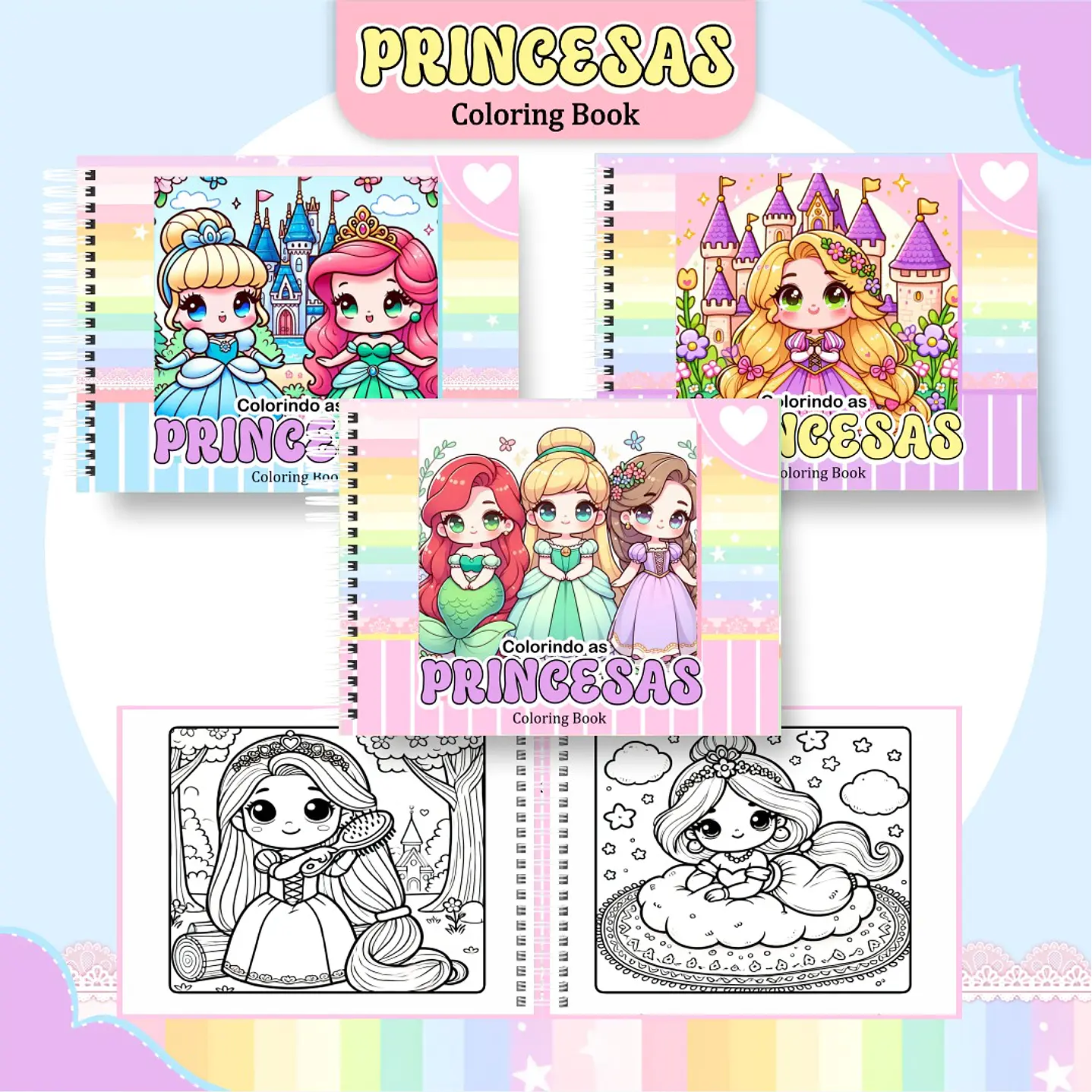 Livro de Colorir Princesas Cute em PDF Digital para Imprimir 1