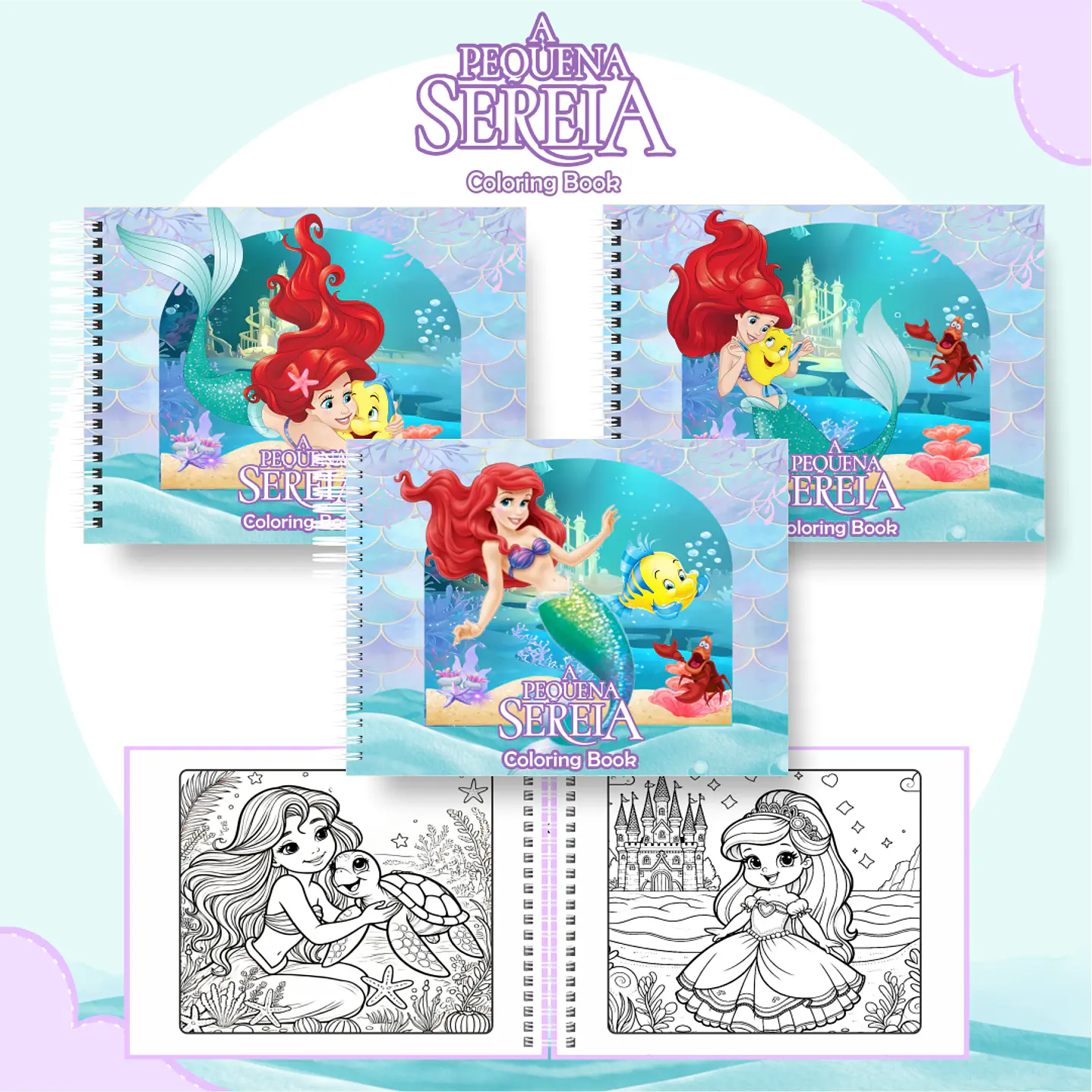 Livro de Colorir A Pequena Sereia Cute em PDF Digital para Imprimir 1