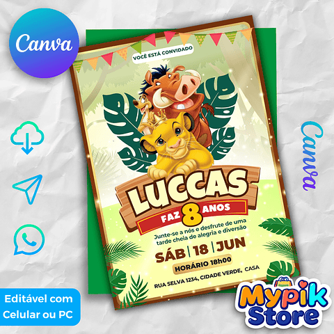 Convite Digital Simba O Rei Leão Editável no Canva 