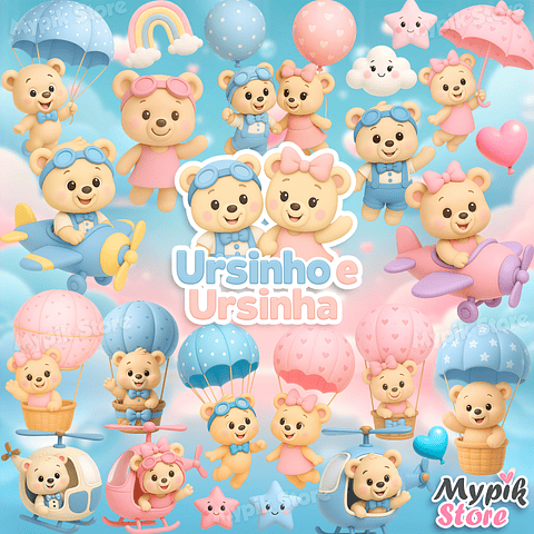 Kit Digital Ursinho e Ursinha Voadores 