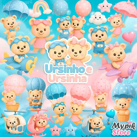 Kit Digital Ursinho e Ursinha Voadores 