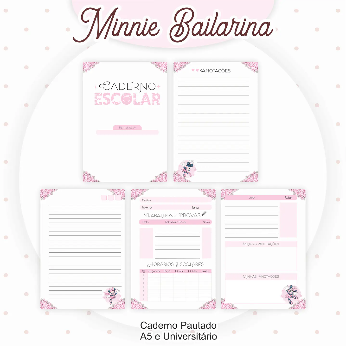 Kit Digital Minnie Bailarina Volta às Aulas com Etiquetas, Cadernos e Itens Escolares 3