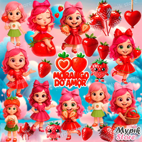 Kit Digital Morango do Amor PNG + Fundos Exclusivos 